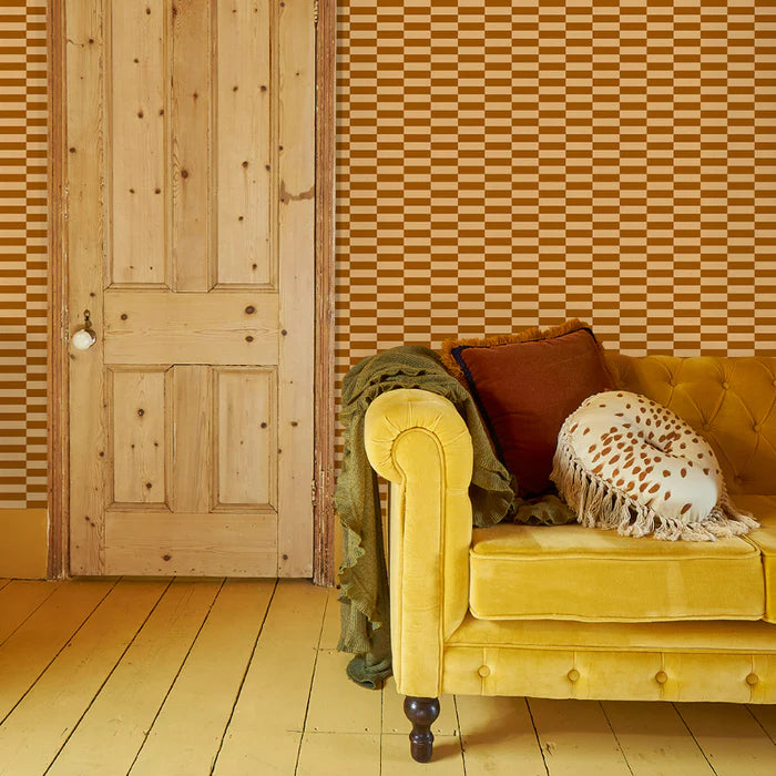 Poodle-and-Blonde-wallpaper-retro-inspired-black-stacked-bricks-heritage-colours-rectangles-wallpaper-Tucson-Lullaby-saddle-tan-beige