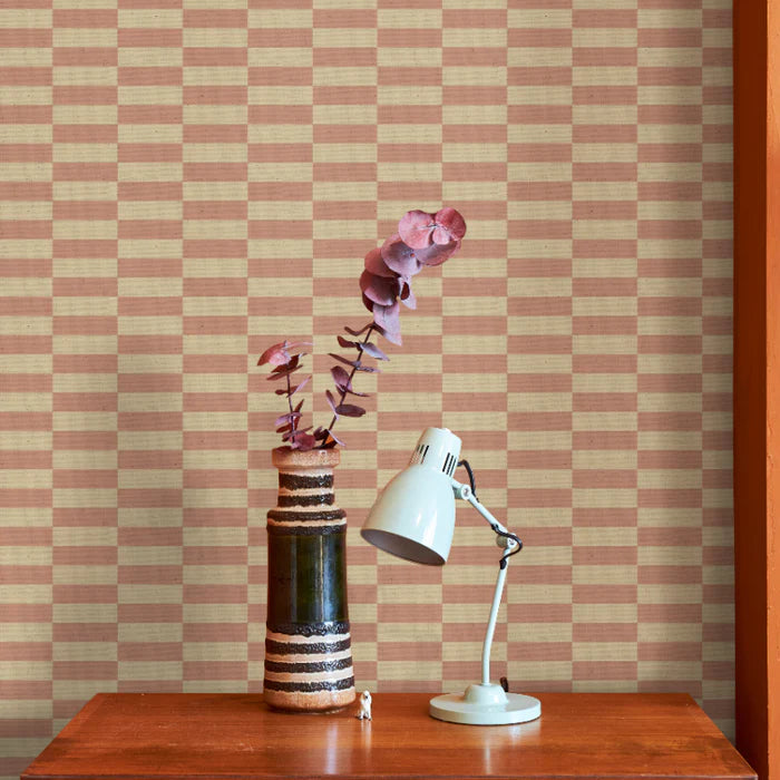 Poodle-and-Blonde-wallpaper-retro-inspired-black-stacked-bricks-heritage-colours-rectangles-wallpaper-Tucson-Lullaby-motel-pink-beige