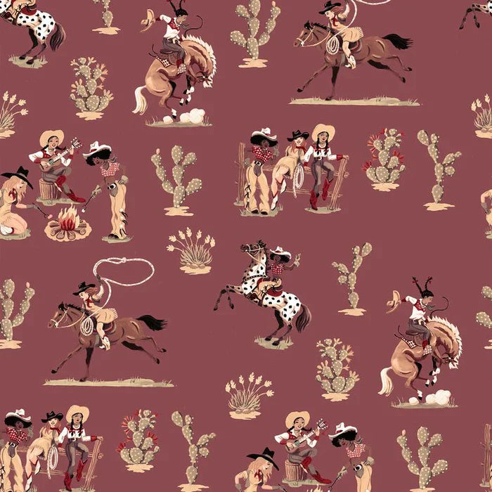 Poodle-and-Blonde-Cliftonville-cowgirls-wallpaper-printed-horses-cowgirls-retro-kitch-wild-west-hand-painted-pattern-Bandana-Red