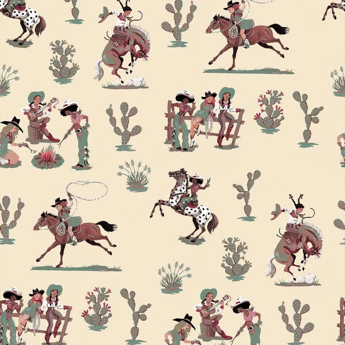 Poodle-and-blonde-Cliftonville-Cowgirls-wallpaper-Lasso-beighe-cowgirls-cacti-horses-animated-wallpaper-cartoon-style-wild-west-children's-theme-kitsch-print-retro