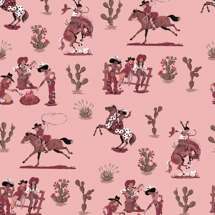 Poodle-and-Blonde-Cliftonville-cowgirls-wallpaper-printed-horses-cowgirls-retro-kitch-wild-west-hand-painted-pattern-Motel-Pink