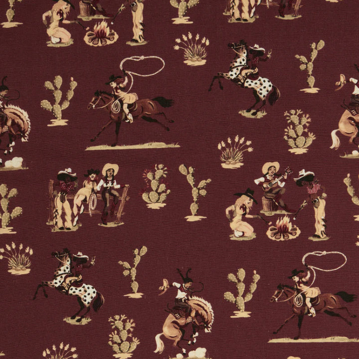 poodle-and-blonde-fabric-linen-cliftonville-cowgirls-bandana-red-based-retro-kitsch-pattern-cowgirls-riding-western-rodeo-pattern-cabin-look