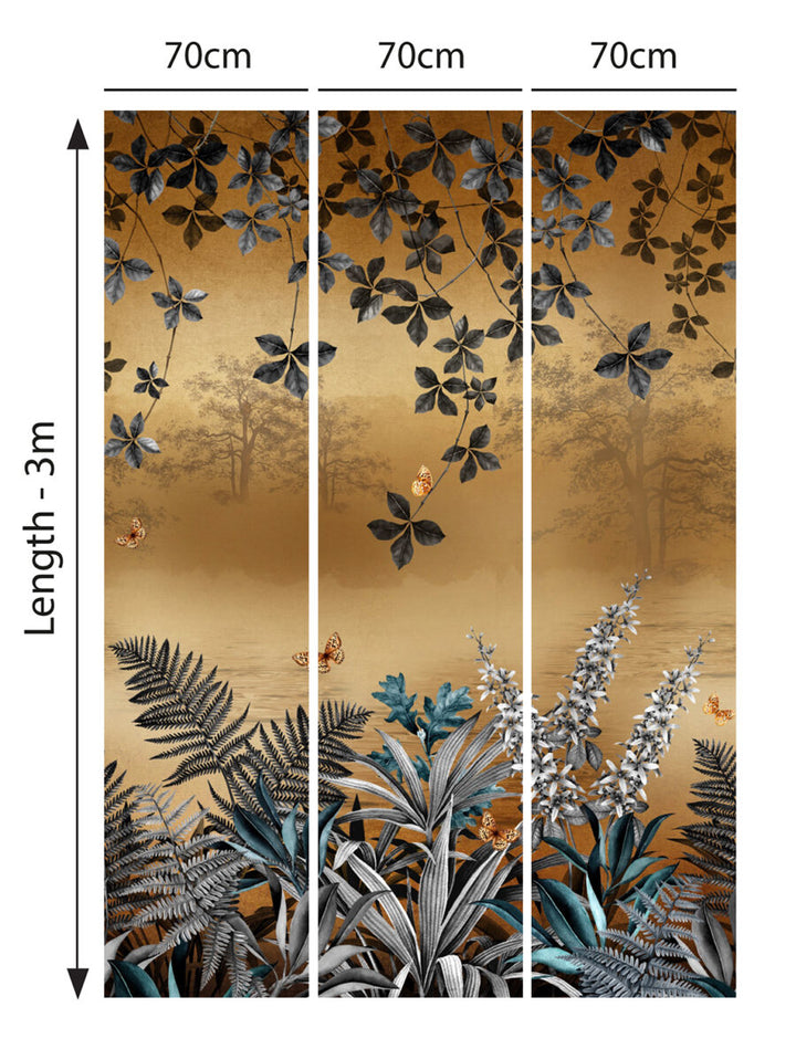 Avalana-Copper-Dawn-lake-metallic-gold-wall-mural-shadow-leaces-tress-ferns-exotic-mural-gold-foil