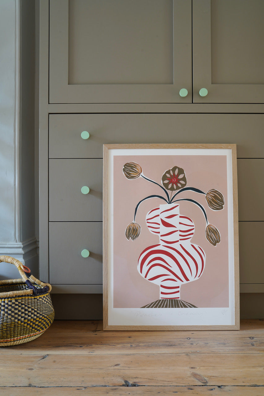 british-artist-ruth-hudson-prints-fine-art-gilcee-print-red-striped-vase-flowers-abstract-modern-design