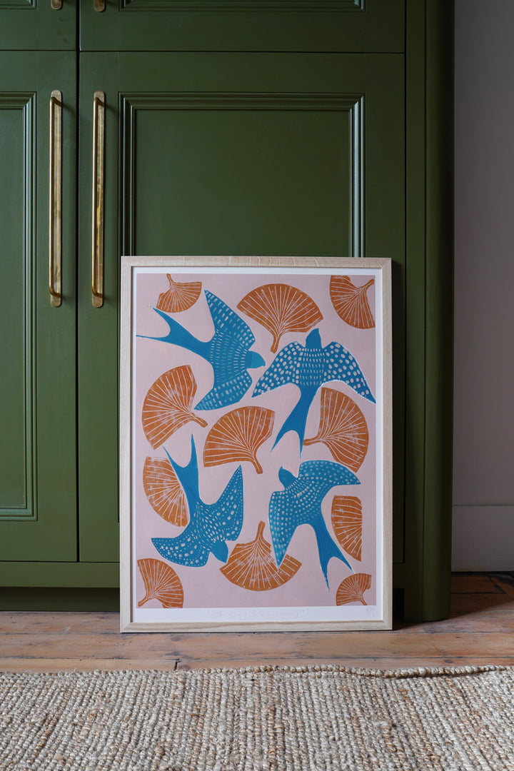 rh-prints-british-artist-ruth-hudson-swallow-bird-ginkgo-motif-wall-art-print-fine-art-orange-pink-blue