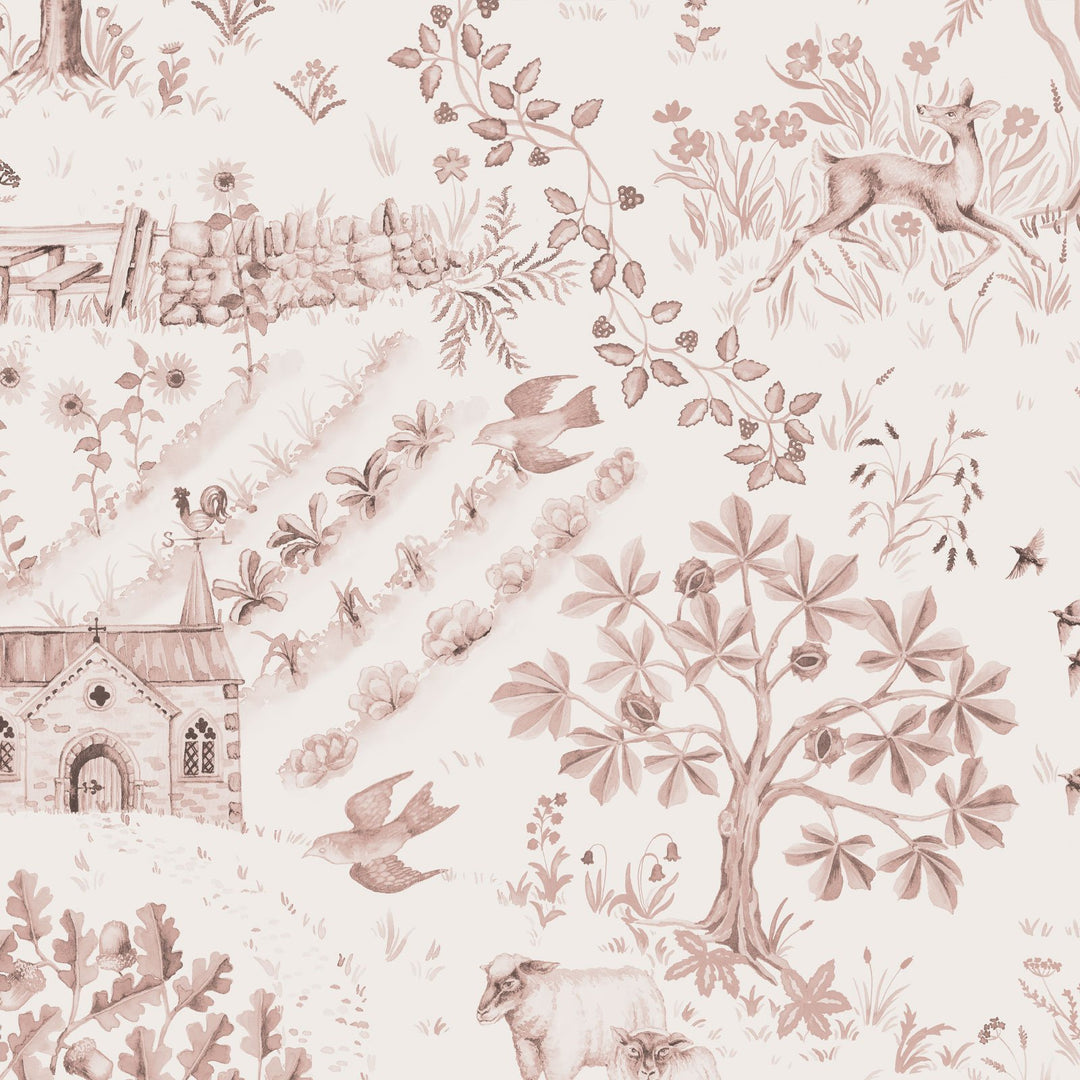 Studio-Le-cocq-wallpaper-daily-walk-pink-tones-Rose-Smoke-toile-print-countryside-churchyard-woodland-scene-British-illustrated-wallpaper-print-luxury