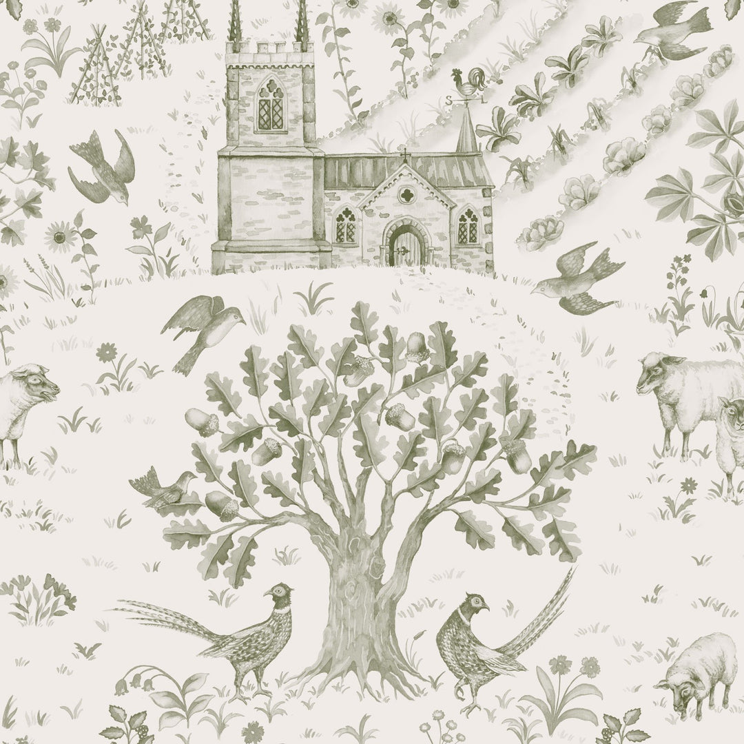 Studio-Le-cocq-wallpaper-daily-walk-tones-toile-print-countryside-churchyard-woodland-scene-British-illustrated-wallpaper-print-luxury
