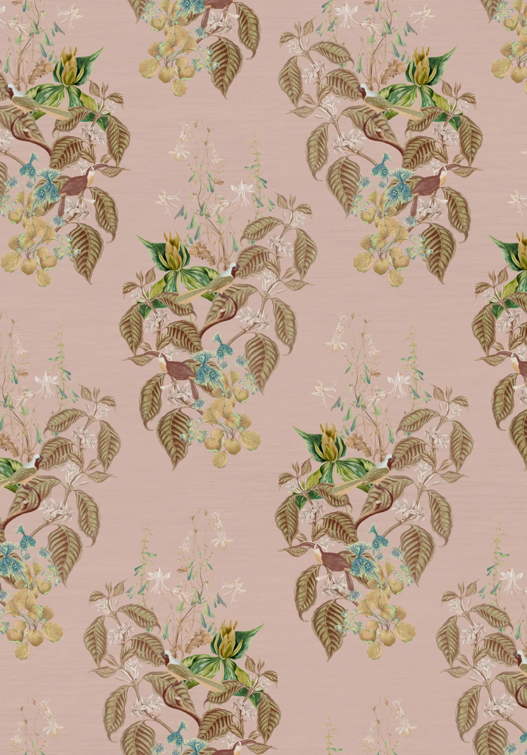 Deus-ex-Gardenia-wallpaper-Cinder-Rose-French-Toile-design-leaves-birds-subtle-woven-background-jasmine-leaves-Cinder-rose-Pink