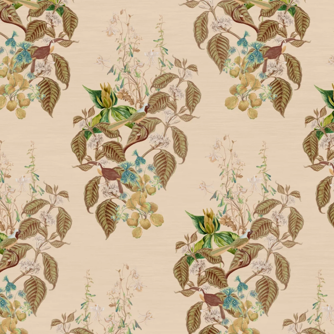 Deus-ex-Gardenia-Aviary-Isle-Ecru-Wallpaper-French-Toile-Design-Jasmine-Birds-Romantic-trailing-pattern-leaves-garden-beige-background