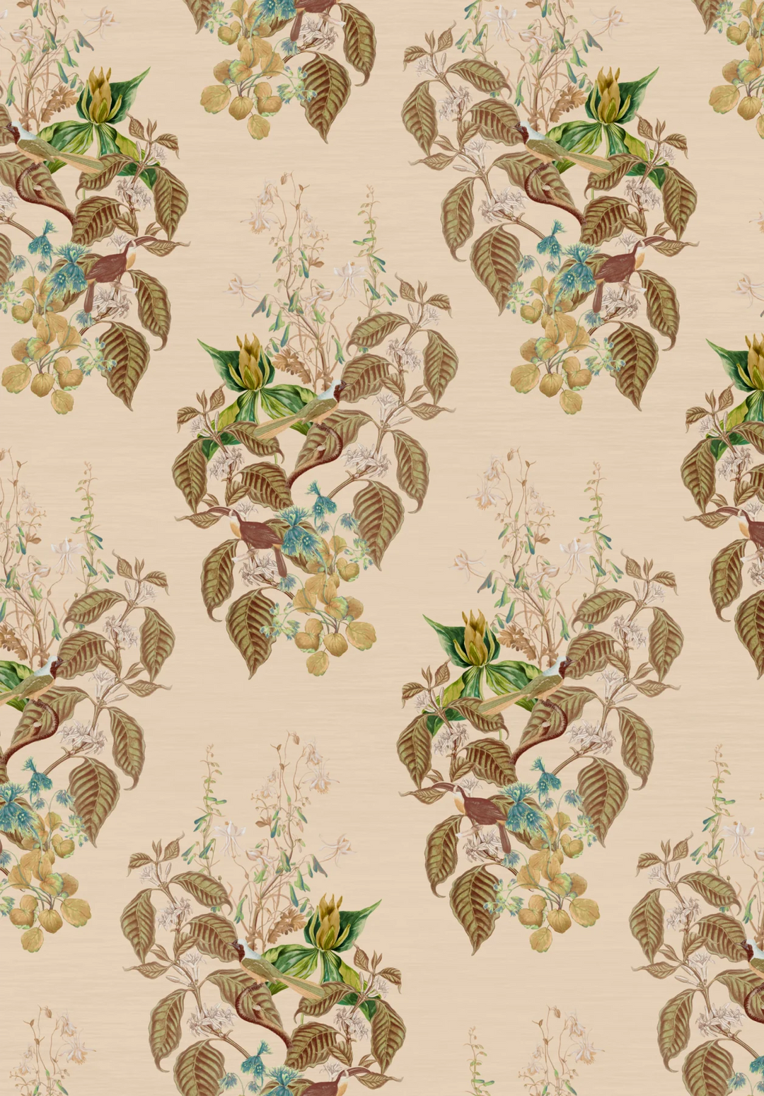 Deus-ex-Gardenia-Aviary-Isle-Ecru-Wallpaper-French-Toile-Design-Jasmine-Birds-Romantic-trailing-pattern-leaves-garden-beige-background