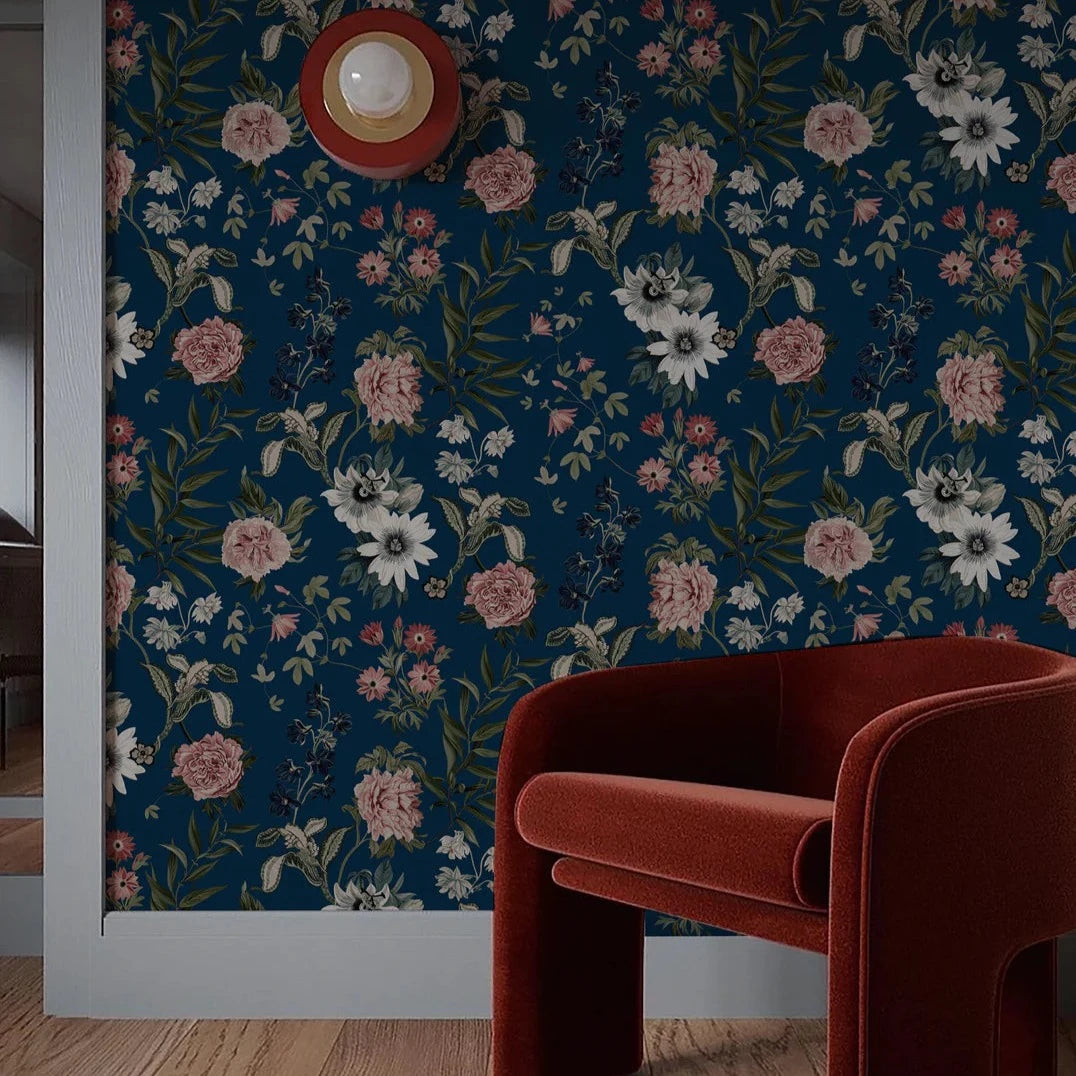 Deus-ex-Gardenia-Beechcroft-garden-wallpaper-azure-navy-blue-base-wild-flowers-english-country-garden-blloms-roses-floral-flouncy-print