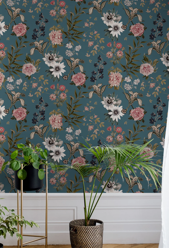 DG110-BG-CER-dues-ex-gardenia-beechcroft-gardens-wallpaper-cerulean-teal-flouncy-florals-garden-blooms-passionflowers-roses-pink-teal-white-green-romantic-hand-illustrated-pattern