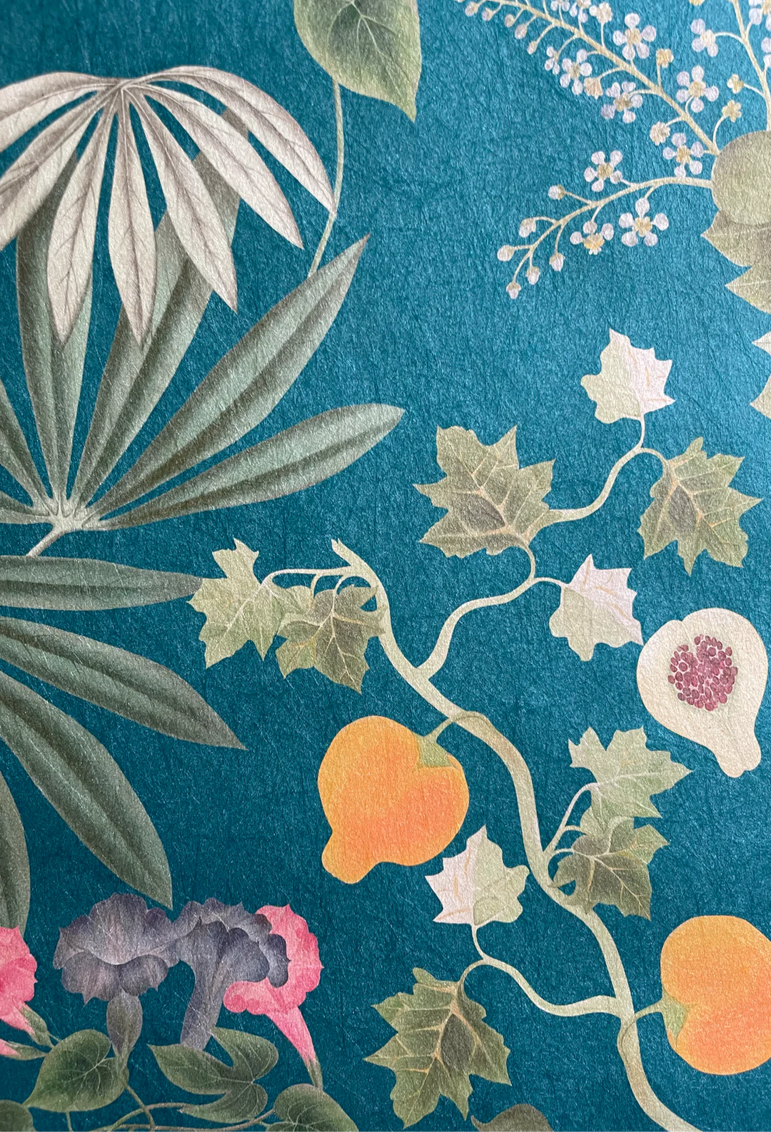 Deus-ex-gardenia-wallpaper-eden-botanical-print-hand-illustrated-exotic-palms-forbidden-fruits-print-Cornflower-blue-green-pink-blue-print-blue-background