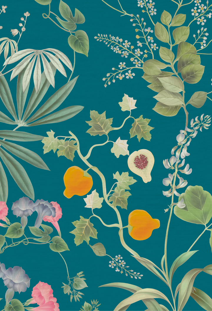 Deus-ex-gardenia-wallpaper-eden-botanical-print-hand-illustrated-exotic-palms-forbidden-fruits-print-Cornflower-blue-green-pink-blue-print-blue-background