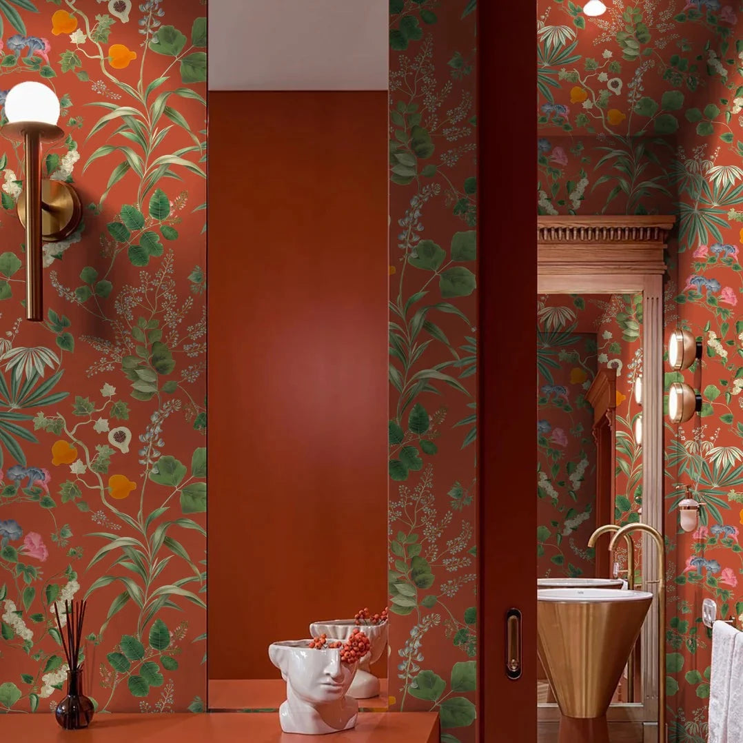 Deus-ex-gardenia-wallpaper-eden-botanical-print-hand-illustrated-exotic-palms-forbidden-fruits-print-marigold-orange-background 