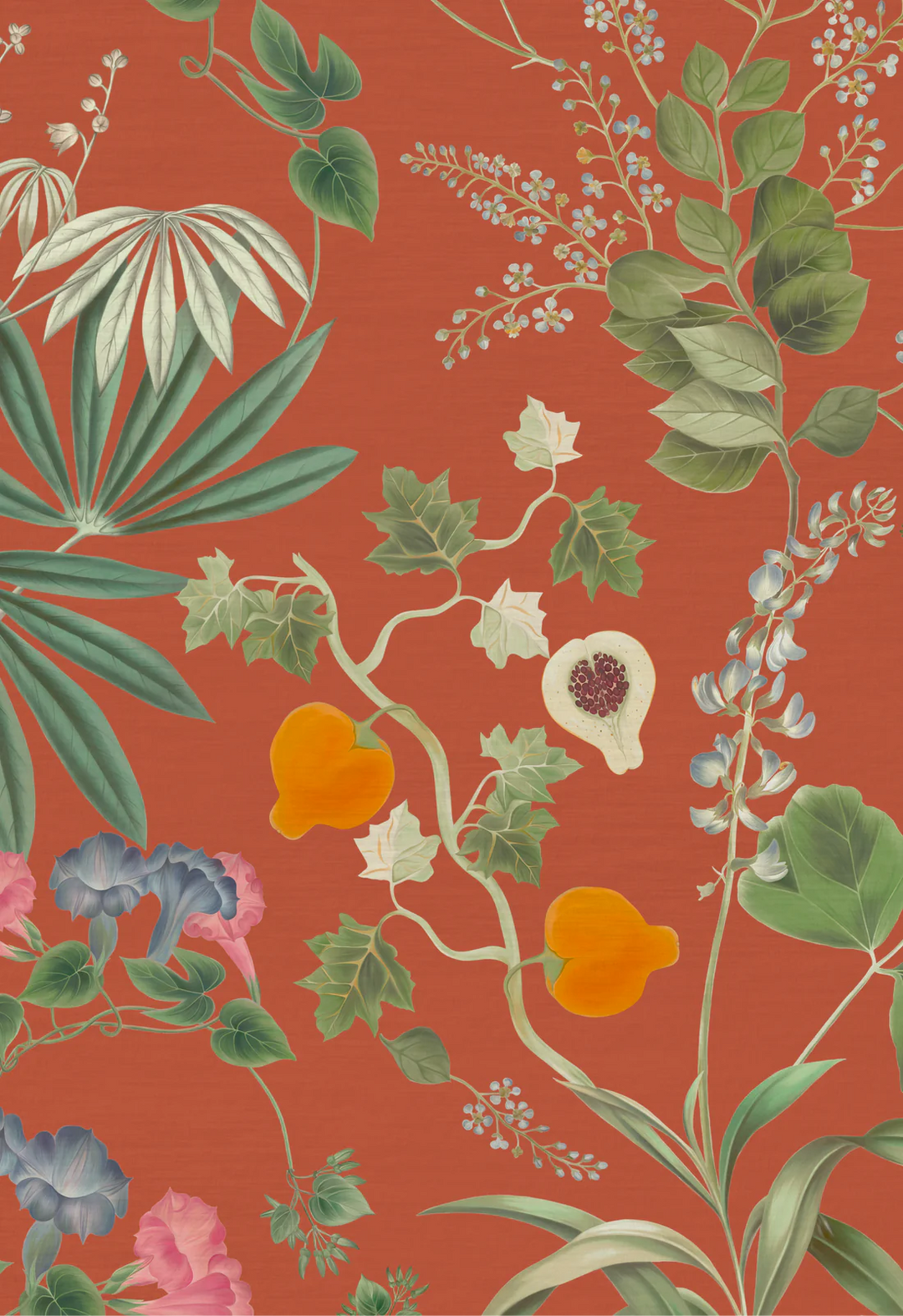 Deus-ex-gardenia-wallpaper-eden-botanical-print-hand-illustrated-exotic-palms-forbidden-fruits-print-marigold-orange-background