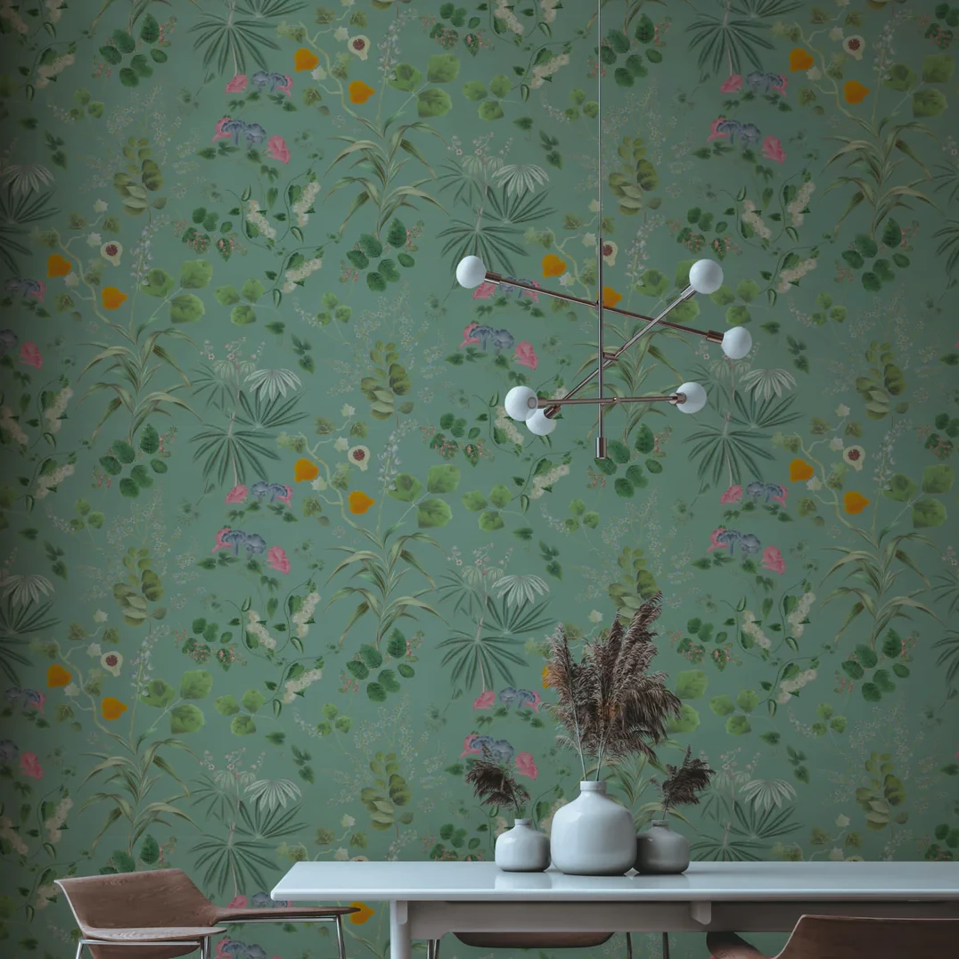 Deus-ex-gardenia-wallpaper-eden-botanical-print-hand-illustrated-exotic-palms-forbidden-fruits-print-spring-green-pink-blue-print-green-background