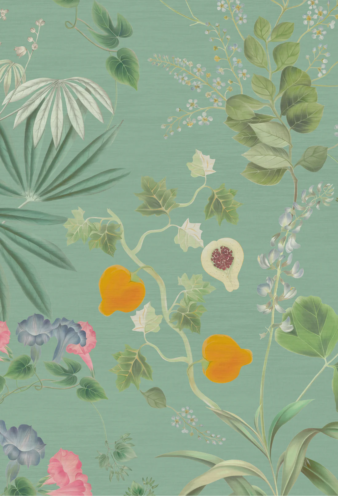 Deus-ex-gardenia-wallpaper-eden-botanical-print-hand-illustrated-exotic-palms-forbidden-fruits-print-spring-green-pink-blue-print-green-background
