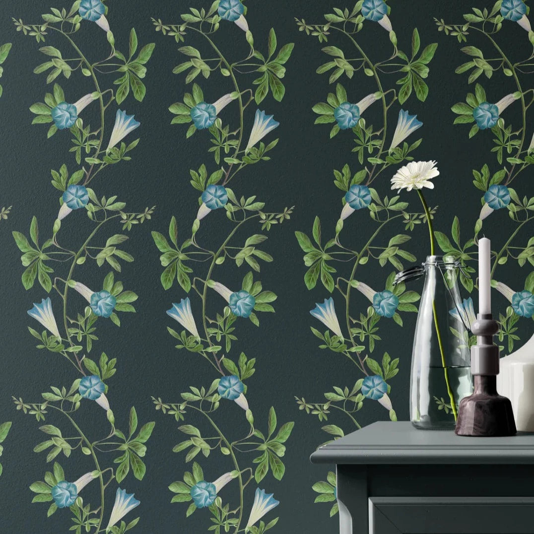 Deus-ex-gardenia-wallpaper-Midsummer-wallpaper-trialing-vines-and-flowers-french-toile-british-garden-leafy-trellis-hand-illustrated-pattern-Charcoal-blue-green-print-on-black-background