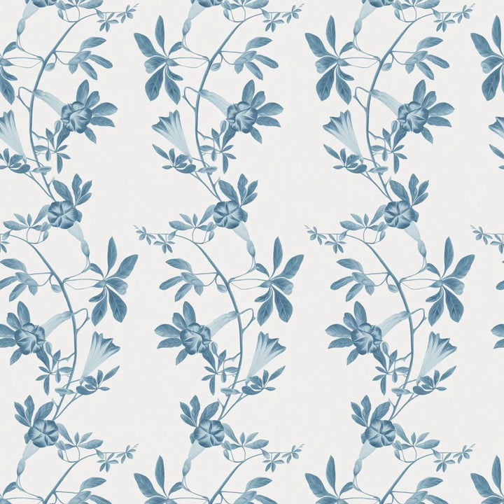 Deus-ex-gardenia-wallpaper-Midsummer-wallpaper-trialing-vines-and-flowers-french-toile-british-garden-leafy-trellis-hand-illustrated-pattern-Iris-blue-print-on-white-background