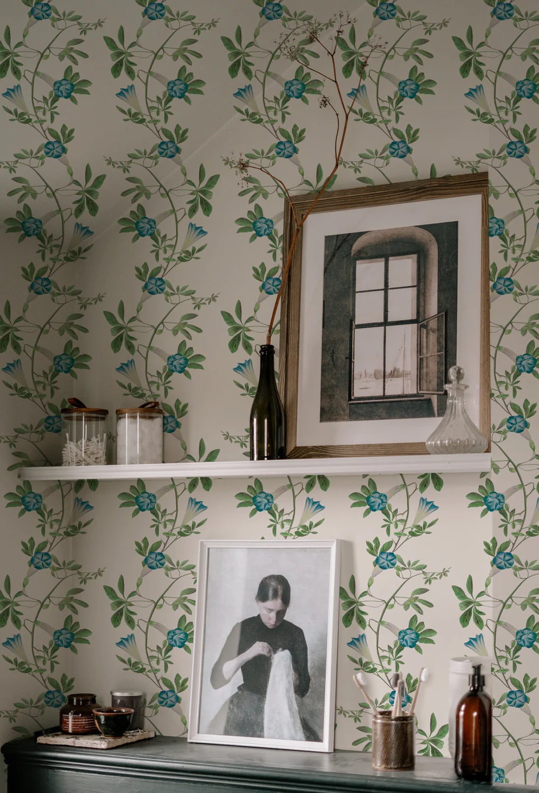 Deus-ex-gardenia-wallpaper-Midsummer-wallpaper-trialing-vines-and-flowers-french-toile-british-garden-leafy-trellis-hand-illustrated-pattern-linen-blue-green-print-on-white-background