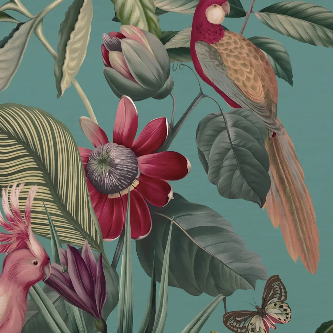 Deus-ex-gardenia-Passiflora-superwide-wallpaper-vardo-teal-green-background-columbian-tropical-rainforest-feeling-birds-butterflies-ferns-jungle-hand-illustrated-print-pattern 