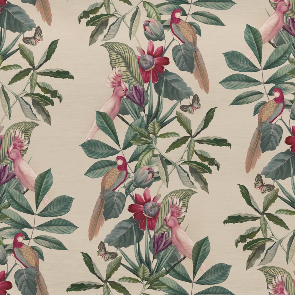 Deus-ex-gardenia-Passiflora-wallpaper-Antique-cream-background-columbian-tropical-rainforest-feeling-birds-butterflies-ferns-jungle-hand-illustrated-print-pattern