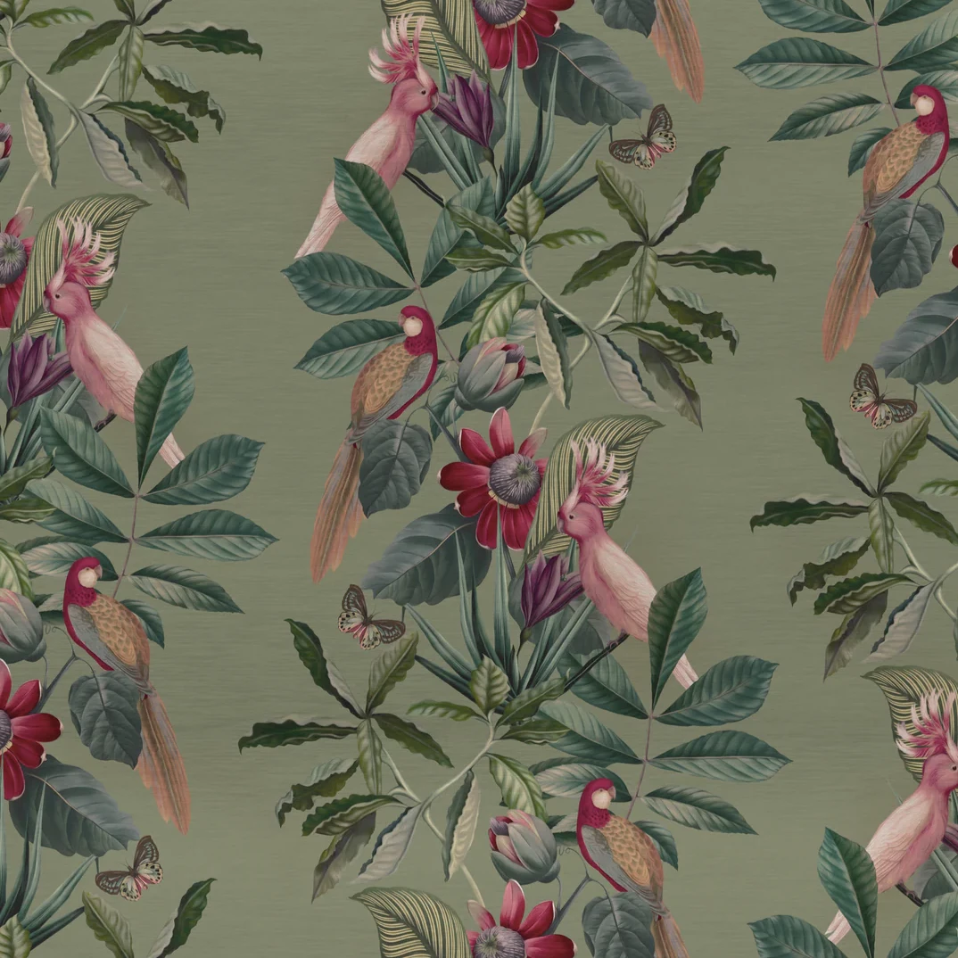 Deus-ex-gardenia-Passiflora-superwide-wallpaper-Sage-green-background-columbian-tropical-rainforest-feeling-birds-butterflies-ferns-jungle-hand-illustrated-print-pattern