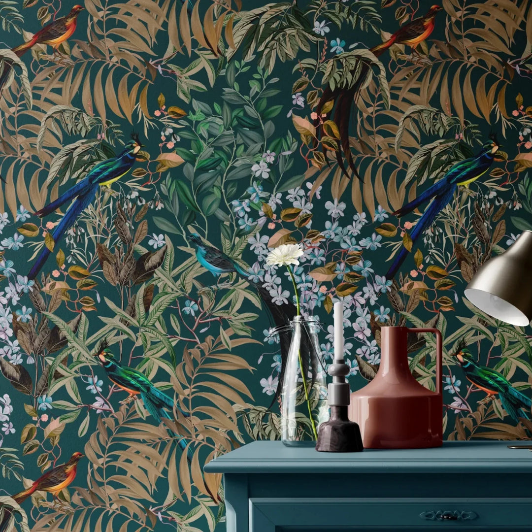 Deus-ex-gardenia-resplendant-woods-wallpaper-forest-beautiful-tropical-birds0rich-tones-feathers-botanical-woodland-colours-hand-illustrated-print-forest-green-colour