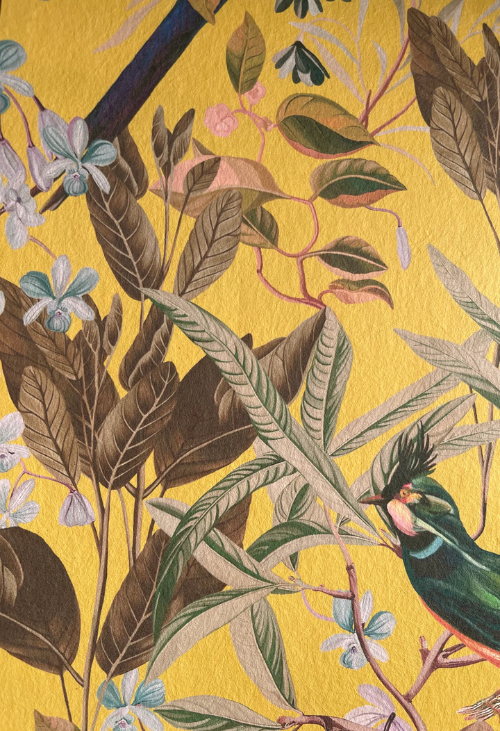 Deus-ex-gardenia-Resplendant-woods-wallpaper-India-Yellow-bright-botanical-birds-print-tropical-birds-leaves-antique-style-woodland-theme-classical-hand-illustrated-printed-wallpaper