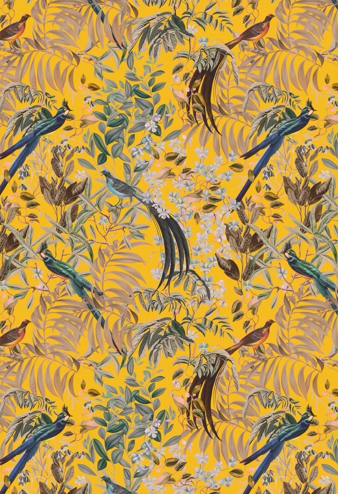 Deus-ex-gardenia-Resplendant-woods-wallpaper-India-Yellow-bright-botanical-birds-print-tropical-birds-leaves-antique-style-woodland-theme-classical-hand-illustrated-printed-wallpaper