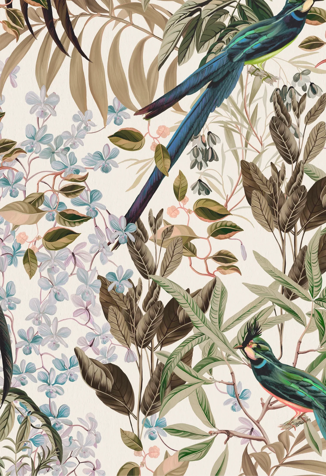 Deus-ex-gardenia-resplendant-woods-wallpaper-forest-beautiful-tropical-birds0rich-tones-feathers-botanical-woodland-colours-hand-illustrated-print-shaded-white-cream-background-colour
