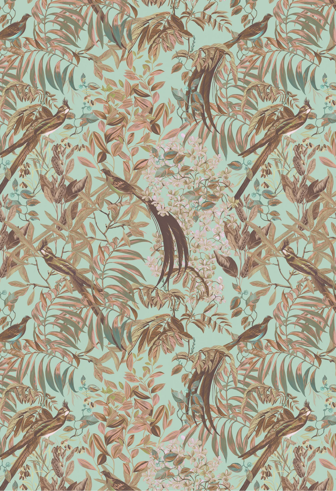 Deus-ex-gardenia-resplendant-woods-wallpaper-forest-beautiful-tropical-birds0rich-tones-feathers-botanical-woodland-colours-hand-illustrated-print-Teal-soft-green-background-colour