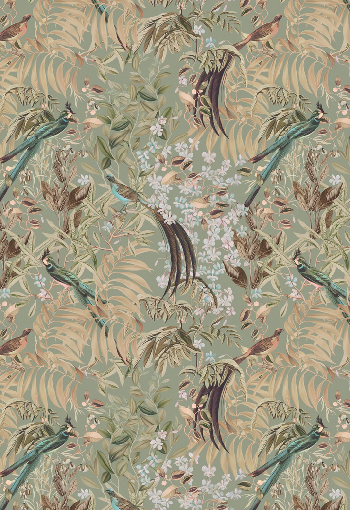 DG104-RW-WIL-Deus-ex-gardenia-Resplendant-woods-wallpaper-willow-soft-green-bptanical=birds-print-tropical-birds-leaves-antique-style-woodland-theme-classical-hand-illustrated-printed-wallpaper