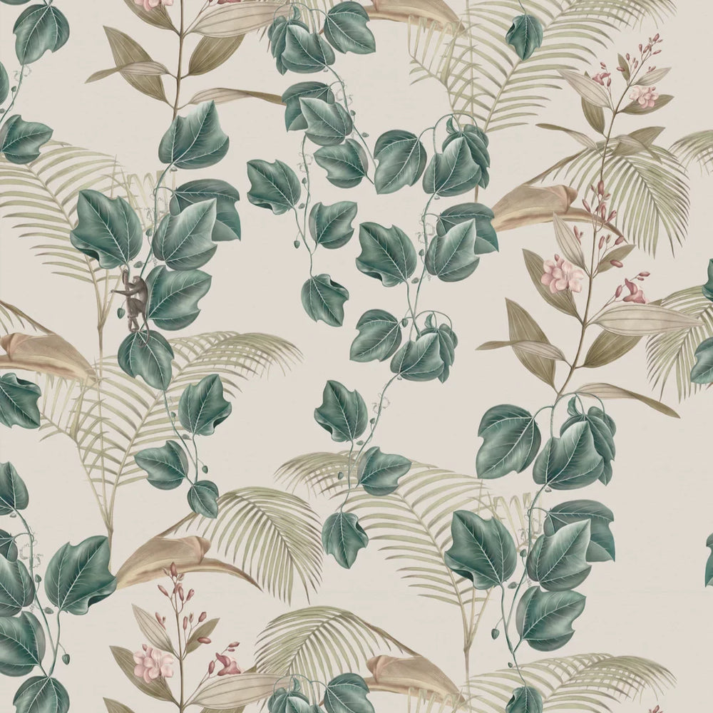 Deus-ex-Gardenia-Wild-Ivy-Dawn-cream-background-green-print-wild-palm-spider-monkey-leaves-South-American-Paradise-palm-leaves-jungle-pattern-hand-illustrated-pattern