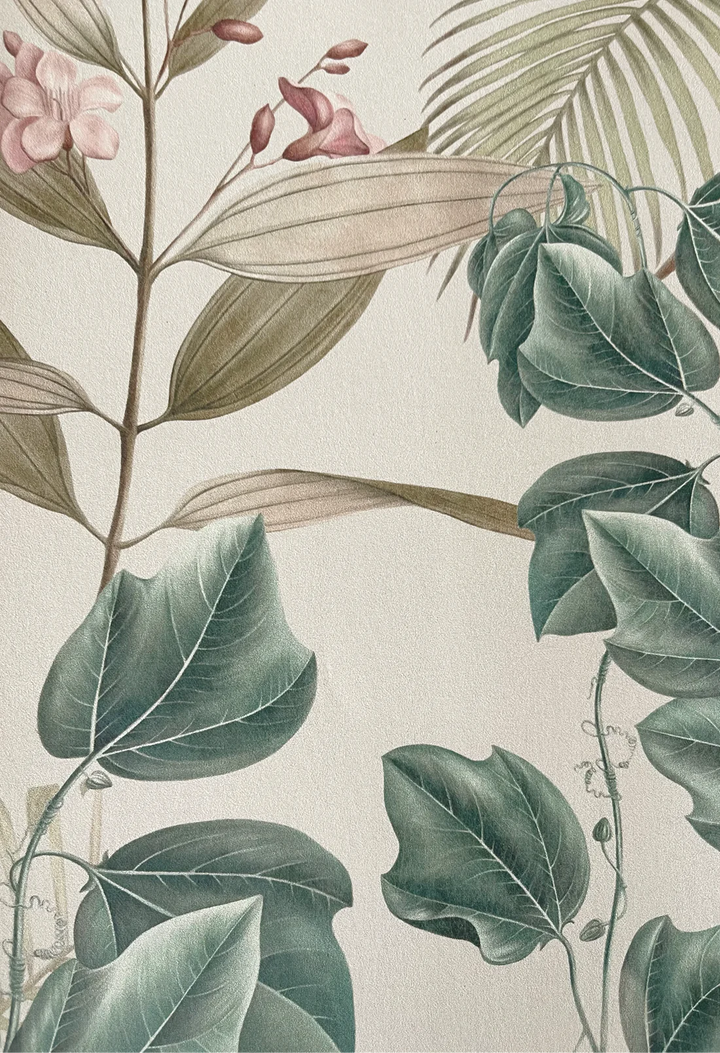 Deus-ex-Gardenia-Wild-Ivy-Dawn-cream-background-green-print-wild-palm-spider-monkey-leaves-South-American-Paradise-palm-leaves-jungle-pattern-hand-illustrated-pattern