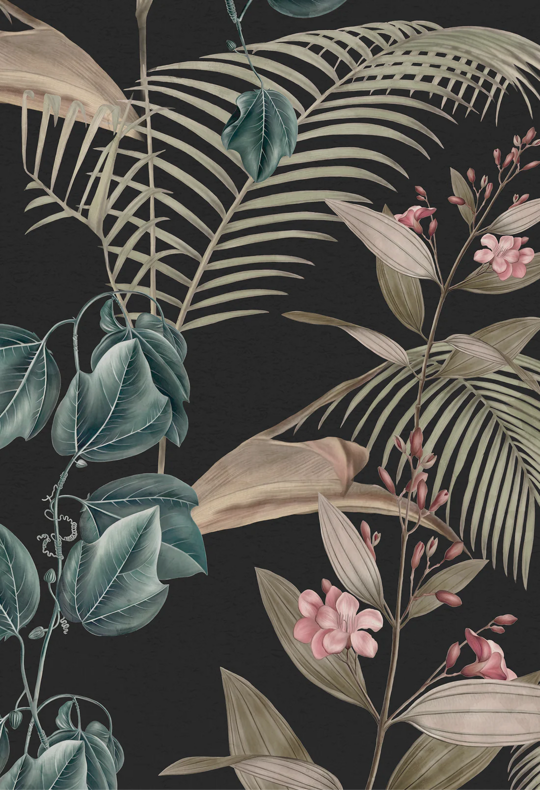 Deus-ex-Gardenia-Wild-Ivy-Dusk-black-background-green--wild-palm-spider-monkey-leaves-South-American-Paradise-palm-leaves-jungle-pattern-hand-illustrated-pattern