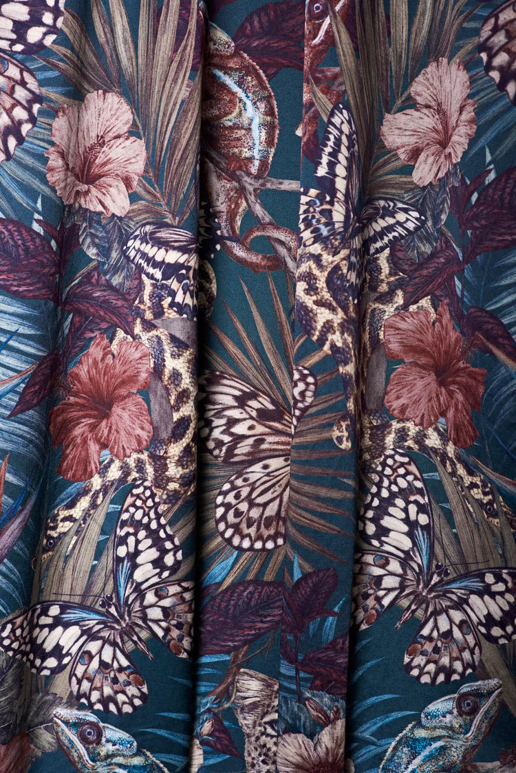 Victoria-sanders-designs-exotica-fabric-dusky-petrol-jungle-print-smooth-velvet-butterflies-tigers-exotic-plants-hand-drawn-pattern