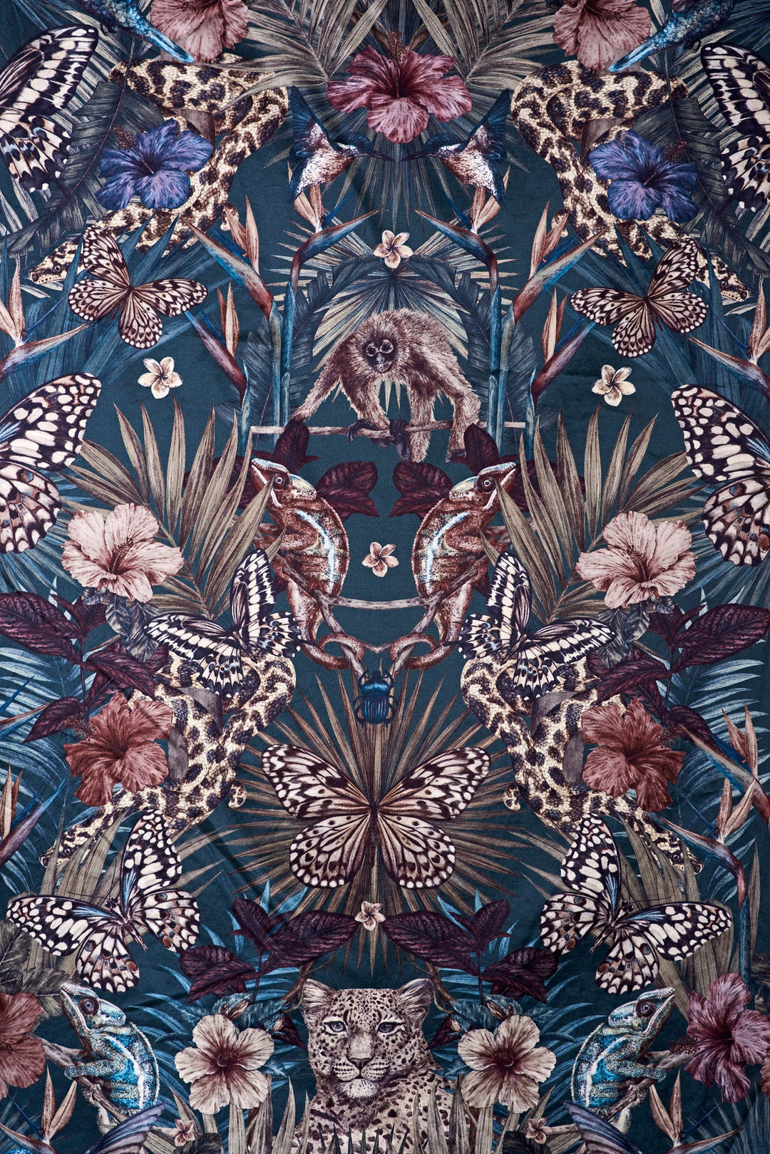 Victoria-sanders-designs-exotica-fabric-dusky-petrol-jungle-print-smooth-velvet-butterflies-tigers-exotic-plants-hand-drawn-pattern