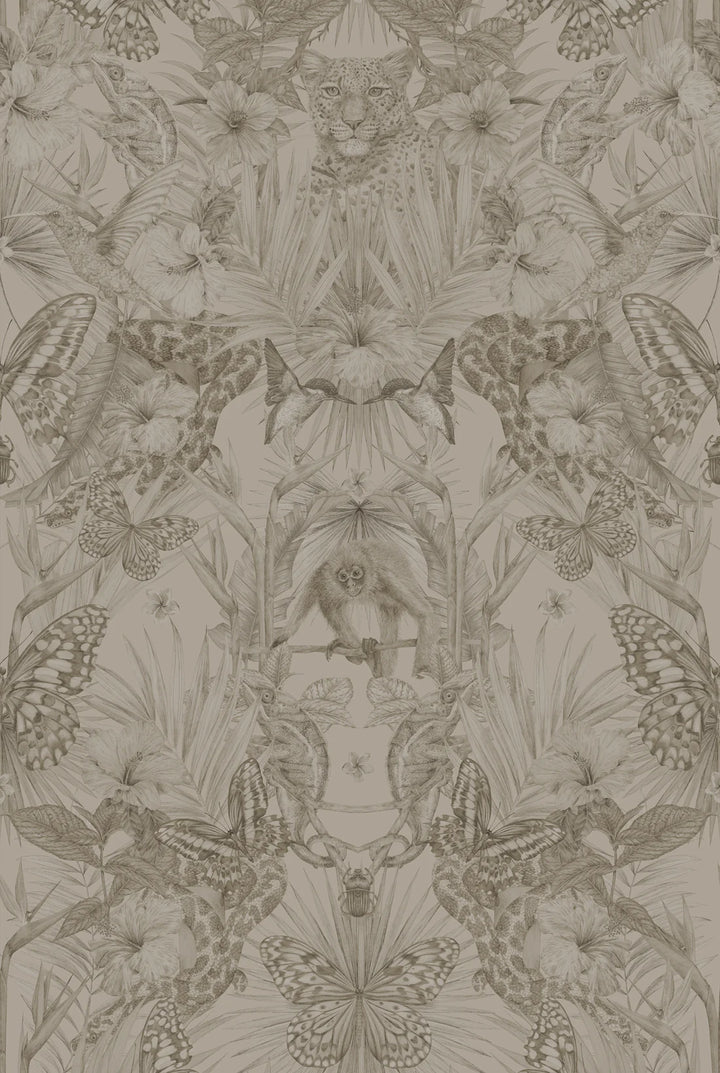 Victoria-Sanders-Collection-Wallpaper-exotica-Alabaster-tonal-creme-jungle-print-subtle-tones-beigh-khaki-exotic-animal-orchid-pattern-hand-illustrated-artisan-wallpaper