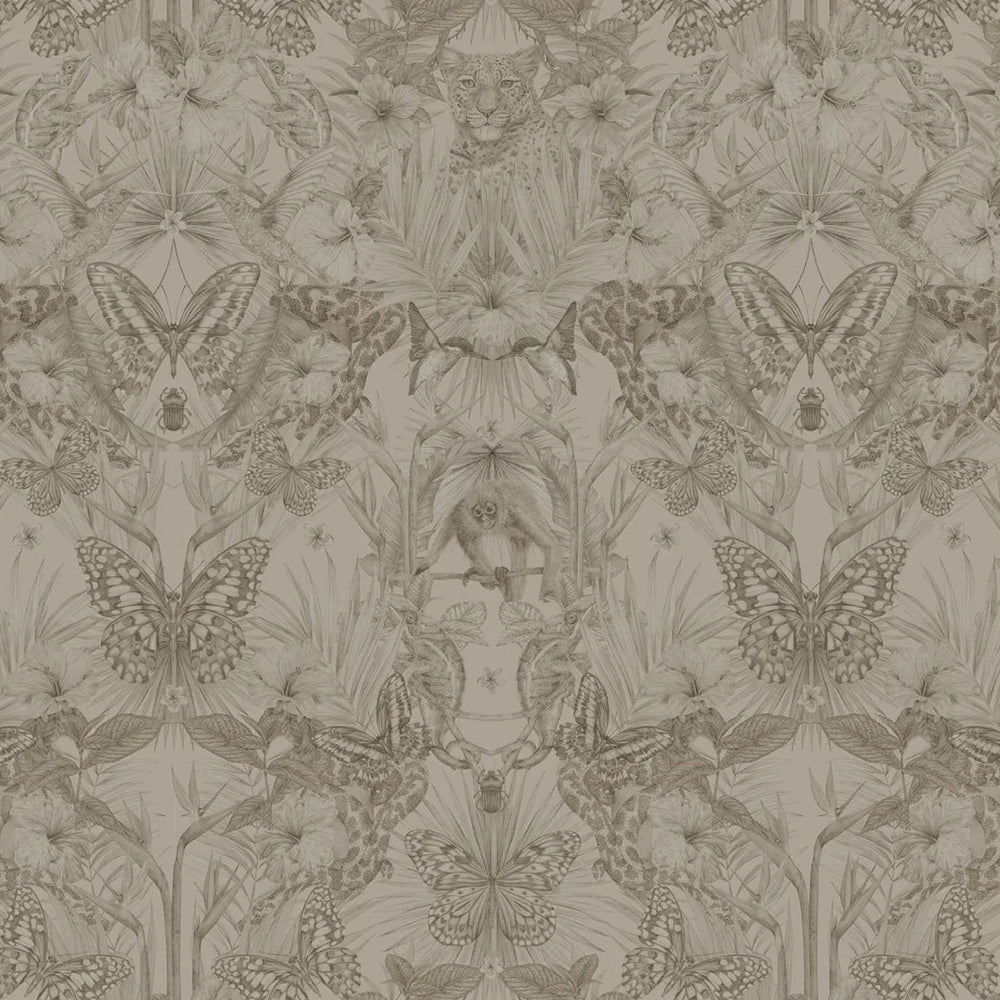 Victoria-Sanders-Collection-Wallpaper-exotica-Alabaster-tonal-creme-jungle-print-subtle-tones-beigh-khaki-exotic-animal-orchid-pattern-hand-illustrated-artisan-wallpaper