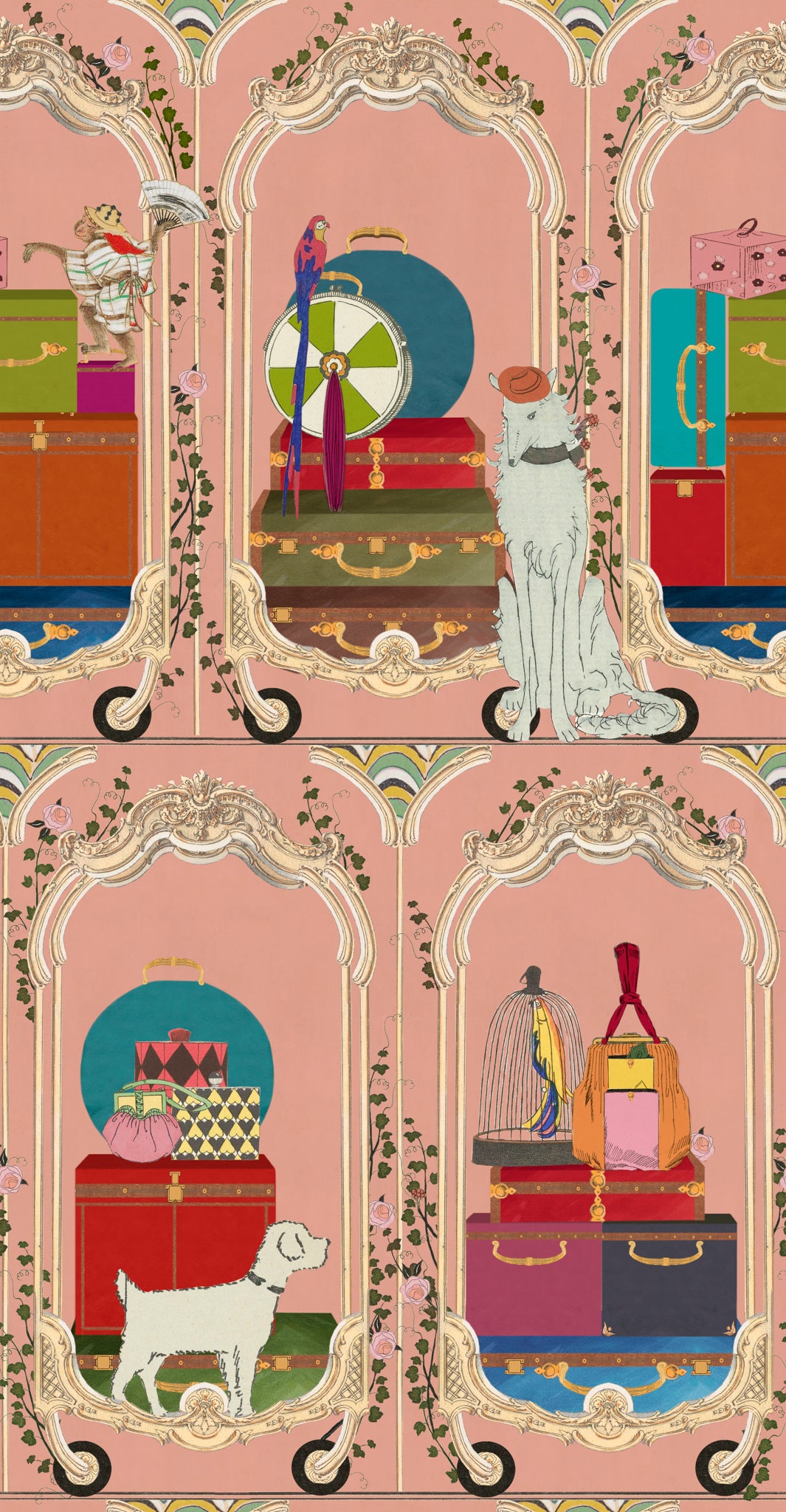 Mind-the-gap-oriental-express-wallpaper-Fancy-trip-ornate-carved-luggage-birdcages-suitcases-travel-inspired-eastern-romanytic-drpets-orient-journey-colourful-scene-pink