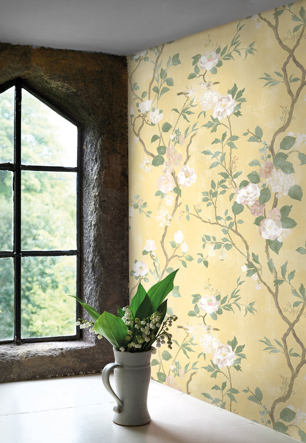 Flora-Roberts-Wallpaper-Hamilton-Weston-Peony-Garden-wall-mural-trailing-garden-prony-blossom-flowers-birds-pears-sunshine-yellow