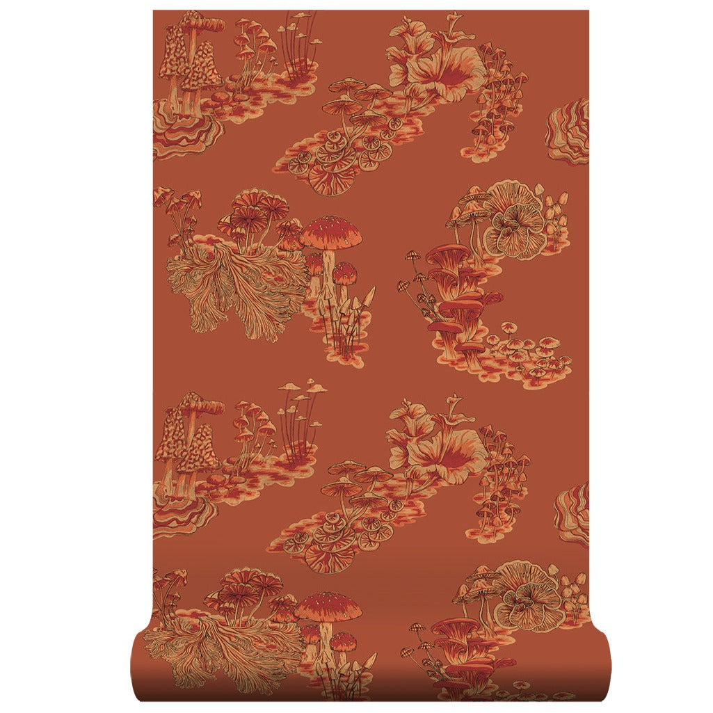 Wildmore-fungi-wallpaper-Aleuria-toasted-orange-background-serreal-pumpkin-tones-print-orchids-mushrooms-scattered-print-hand-painted-digital-reproduced-funky-pattern
