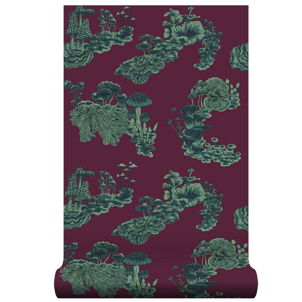 Wildmore-fungi-wallpaper-Gaea-burgundy-background-serreal-teal-green-print-orchids-musgrooms-scattered-print-hand-painted-digital-reproduced-funky-pattern 