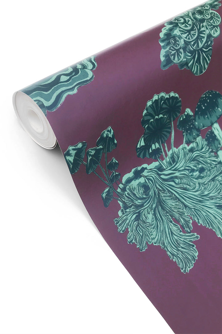 Wildmore-fungi-wallpaper-Gaea-burgundy-background-serreal-teal-green-print-orchids-musgrooms-scattered-print-hand-painted-digital-reproduced-funky-pattern