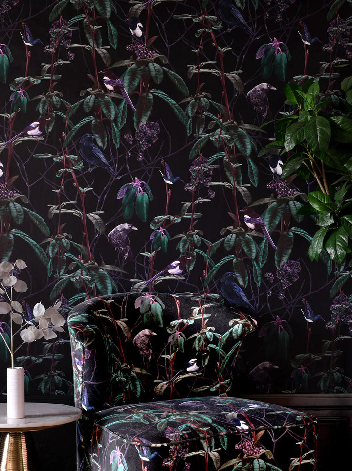 witch-and-watchman-folia-wallpaper-dark-black-background-crows-hummingbirds-exotic-forest-scene-dark-mysterious-macbre-greens-jewel-tones