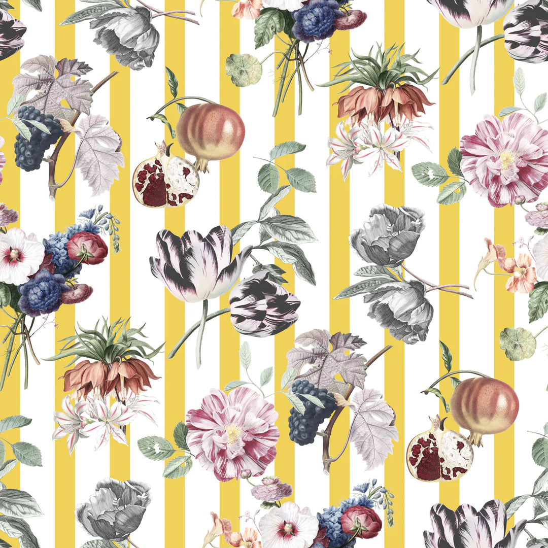 north-and-nether-printemps-wallpaper-white-yellow-stripes-floral-and -fruit-overlay-pattern-sunny-retro-french-kiss-collection 
