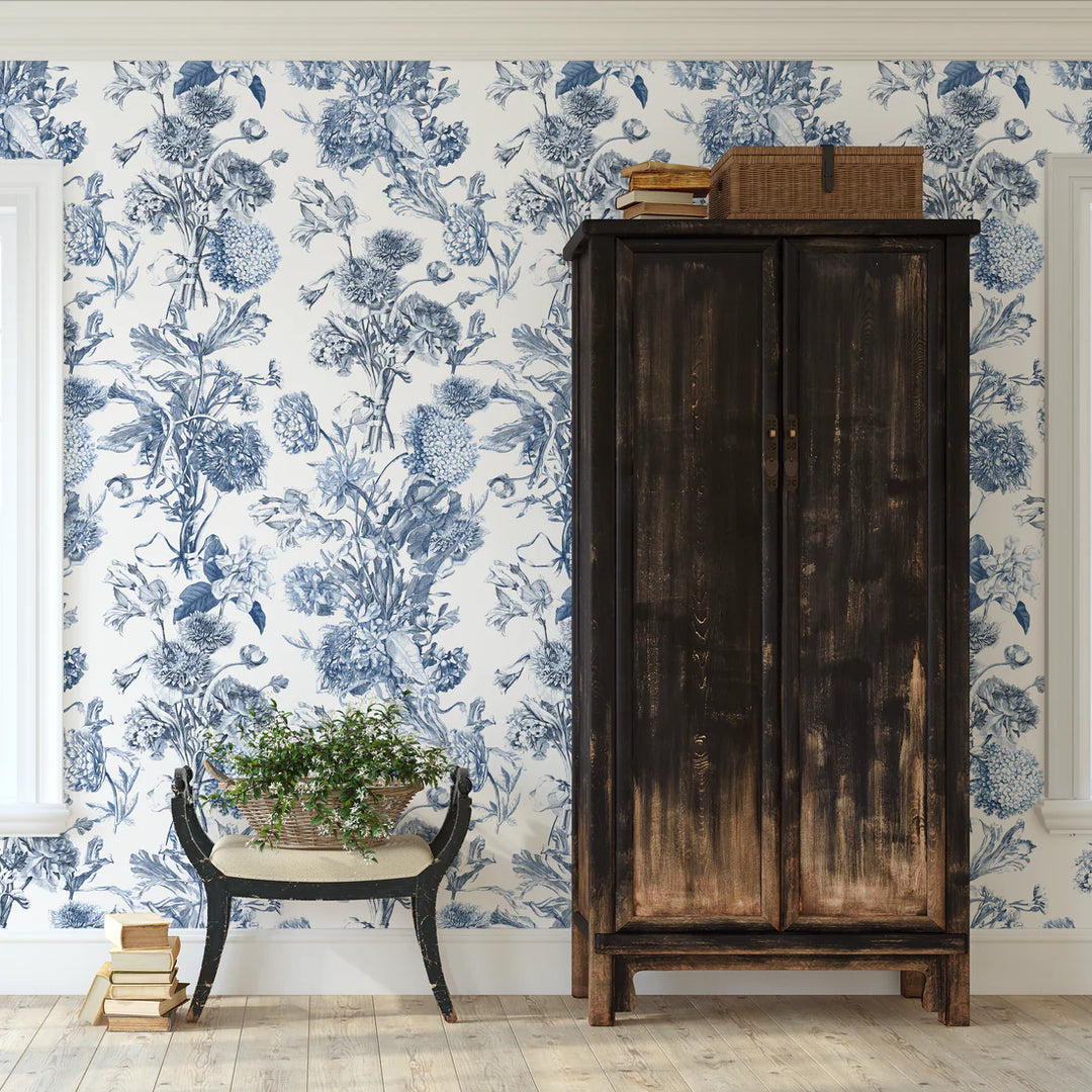 North-and Nether-fleurie-wallpaper-blue-white-toile-classic-floral-white-large-blossom-stripe