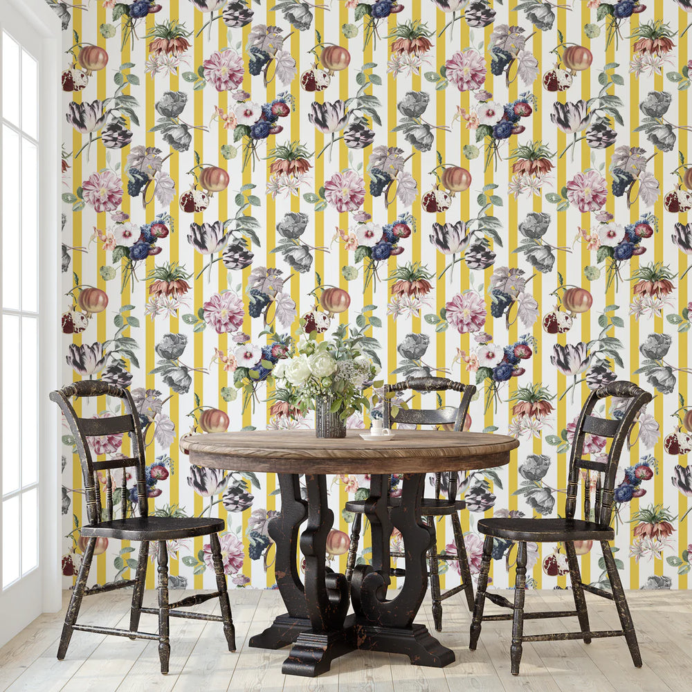 north-and-nether-printemps-wallpaper-white-yellow-stripes-floral-and -fruit-overlay-pattern-sunny-retro-french-kiss-collection